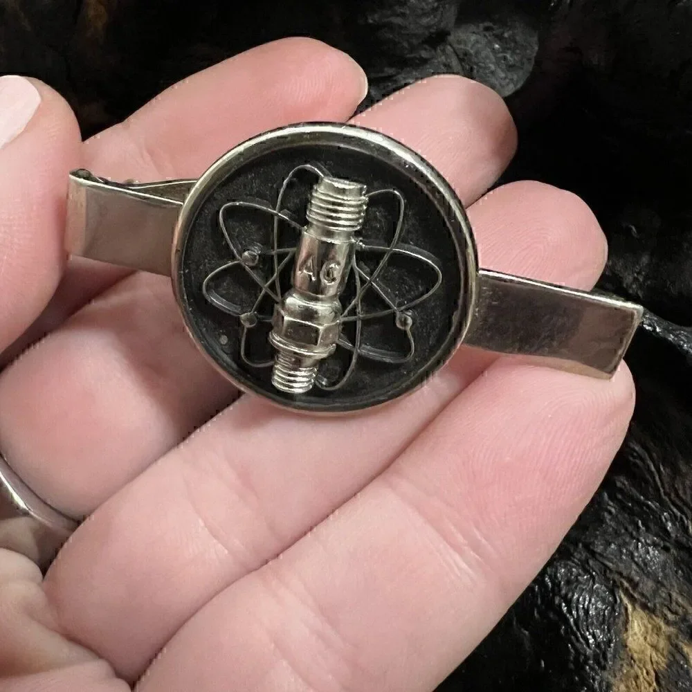Vintage AC Spark Plug Tie Clasp Advertising Atoms Silver Tone Mid Century